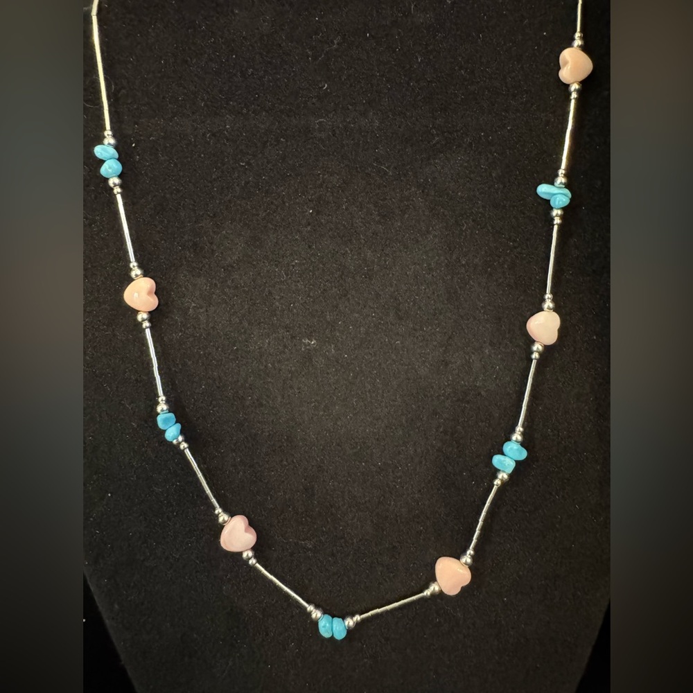 Elegant liquid sterling Silver, pink, conch and genuine‎ Turquoise Necklace